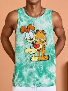 GARFIELD | SHEIN 男士經典卡通和水染印花假日休閒背心，適用於夏季 - 綠色 - 查看 1