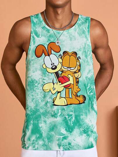GARFIELD | SHEIN 男士經典卡通和水染印花假日休閒背心，適用於夏季