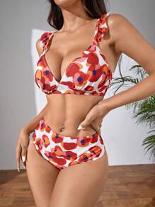 The Wizard of Oz X SHEIN Women's Summer Floral Printing Two-Piece Bikini Set, Flutter Sleeve Sexy Bikini Set For Vacation - Orange - View 5