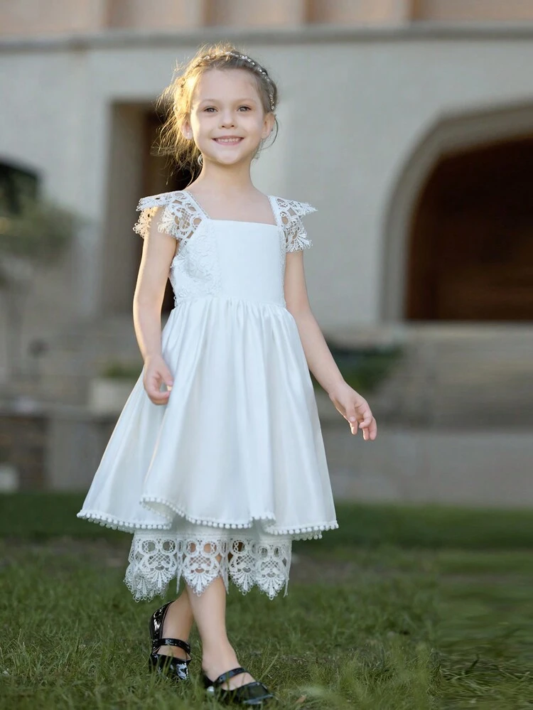Young Girls Square Neck Solid Color Lace Patchwork Sleeveless Cute Party Dress, Summer