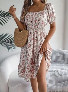 Women's Casual Vacation Puff Sleeve Drawstring Short Sleeve Ditsy Floral Dress, Spring/Summer