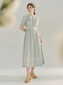 Simple Retro 女性刺繡蕾絲褶皺v領長裙 - 薄荷綠 - 查看 8