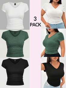 SHEIN EZwear 女式加大码针织 V 领腰部褶皱短袖修身 T 恤，3 件/套，多种颜色可选