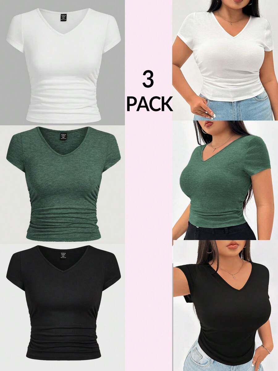 SHEIN EZwear 女式加大码针织 V 领腰部褶皱短袖修身 T 恤，3 件/套，多种颜色可选