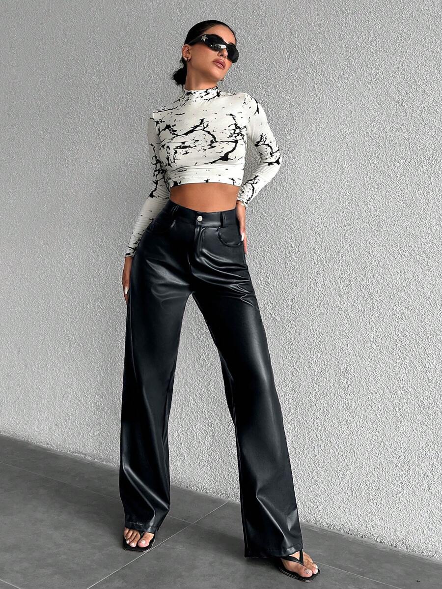 SHEIN Cottnline Vaqueros De Pierna Recta Para Mujer De Color Sólido - Azul Marino - Ver 1