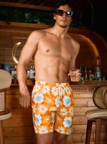 Surfspeed Men's Summer Floral Printed Drawstring Waist Beach Shorts, Vacation Style - Yellow - View 5