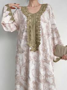 Al Najma Váy dài tay chuông trang trí ren tan trong nước thanh lịch dành cho nữ mùa xuân/hè, Kaftan - Màu Khaki - Xem 5