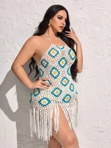 SHEIN SXY Plus Size Halter Neck Hollow Out Tassel Midi Dress - Multicolor - View 5
