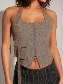 Hauture Flap Pocket Buckle Back Halter Top - Khaki - View 3