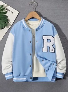 SHEIN Chaqueta casual de manga larga con cuello de béisbol para niña preadolescente con bloque de color y botón frontal