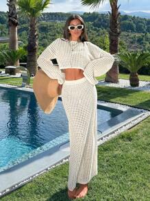 Ensemble deux pièces en tricot ajouré pour femme, couvrir pour l'été et les vacances à la plage