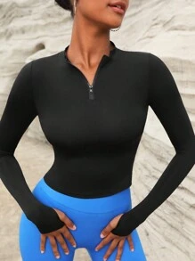 Easithlete 女式優雅性感透氣套頭休閒街頭運動拉鍊修身瑜珈外套 - 黑色 - 查看 5