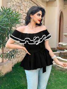 VaVaBold Women's Double Layered Ruffle Ruffle Elegant Top - Black - View 3