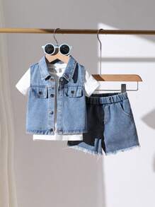 SHEIN Playful Pals 嬰兒男孩夏季休閒套裝，包括單排釦丹寧馬甲、圓領短袖T恤和丹寧短褲