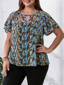 EMERY ROSE Plus Size Women'S Keyhole Neckline Butterfly Sleeve With All-Over Leaf Print Flower Shirt For Summer