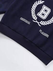 YOUNG BOY Retro Athletic College Style Letter Print Sweater Hoodie & Dark Wash Denim Shorts Set With Flat Pockets