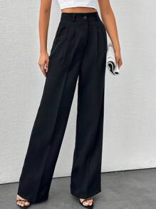 SHEIN Tall Tall Women's Solid Color High Waisted Wide Leg Pants - Black - View 4