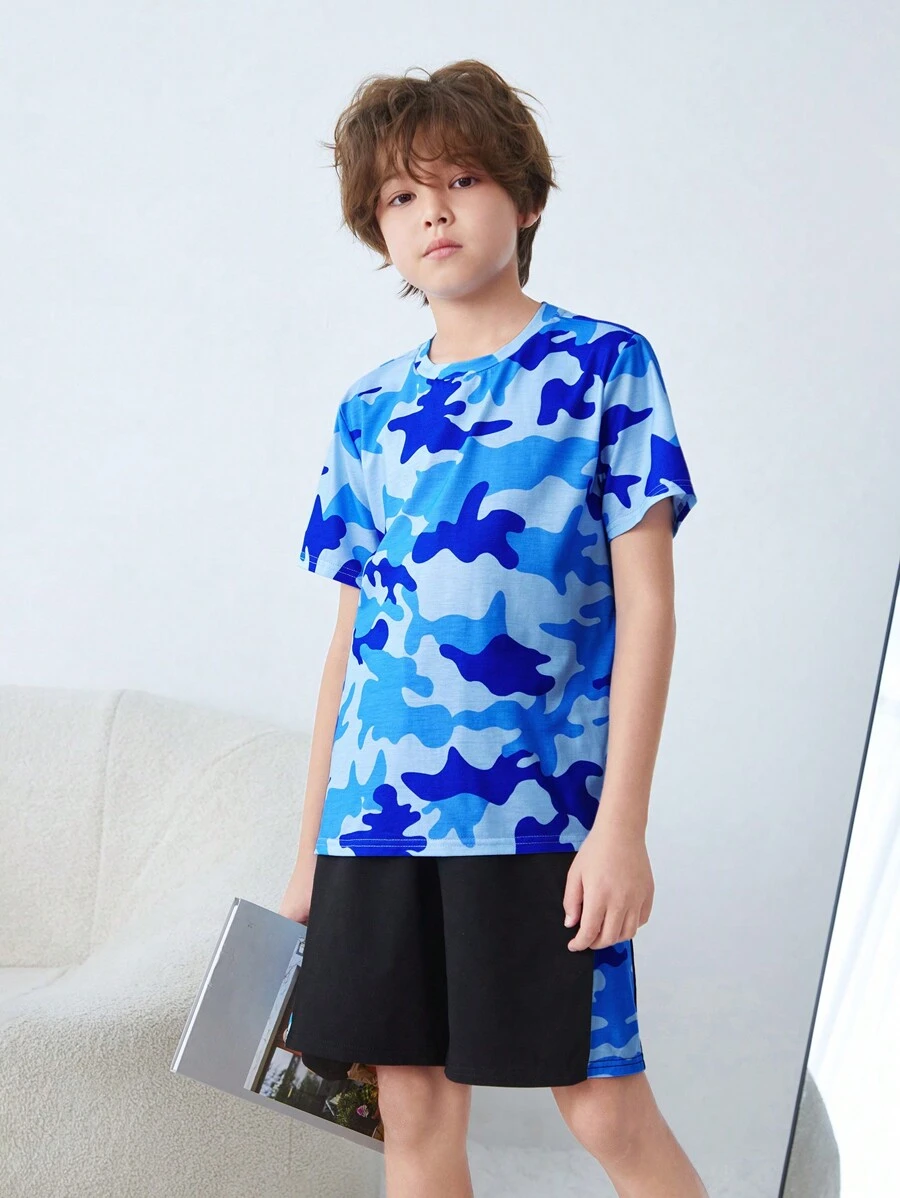 SHEIN Tween Boy Loose Fit Camouflage Pattern Round Neck Short Sleeve Shorts Knitted Flame Retardant Pajamas 2 Pieces Set, Summer - Blue - View 1