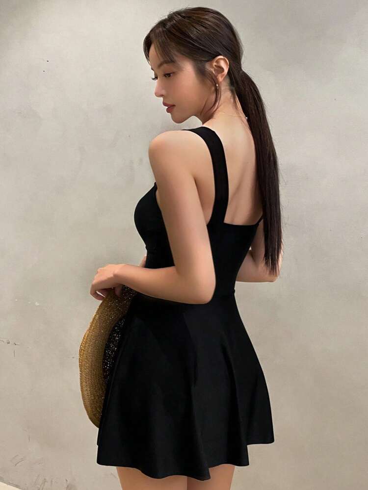 Women's One Piece Swimwear With Dressed Bottoms, Black, Ideal For Hot Springs Vacation Summer Beach