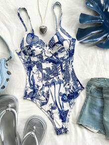 Soleia Body vintage para mujer en estilo informal y romántico con estampado floral azul y blanco y estilo sin espalda en forma de copa, ideal para vacaciones
