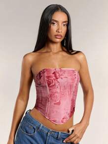 SHEIN BAE Women's Lily Print Simple Style Tube Top For Daily Wear Summer Tops For Holiday Occasions Tight And Sexy Fishbone Decorated Tops - Multicolor - View 3