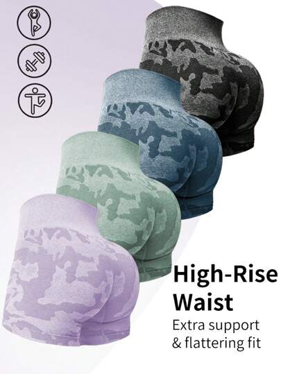 Confezione da 4 shorts aderenti da ginnastica senza cuciture con stampa mimetica, pantaloncini elasticizzati