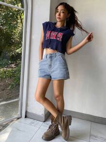 DAZY Short en jean vintage pour femmes à jambes larges avec design lavé, moustaches de chat, pour l'été - Bleu gris - Voir 2