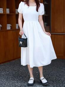 Vestido blanco para mujer con mangas abullonadas y cintura ajustada - Multicolor - Ver 3