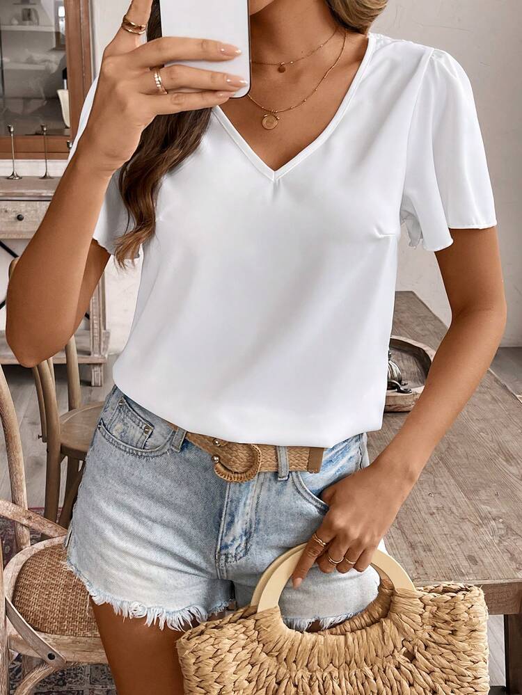 Summer Women Outfits Backless Short Sleeve Ruffles Tie-Back Lace Bow-Knot Vacation Romantic Wedding White Women's Blouses