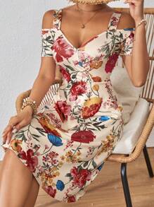 SHEIN VCAY 女士浪漫V領空心寬帶A字擺度假背心裙，夏季