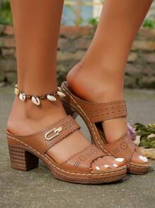 European And American Style Chunky Heel Women's Sandals, New Fashion Hollow Out Chunky Heel Slippers, High Heels, Outdoor Shoes For Women