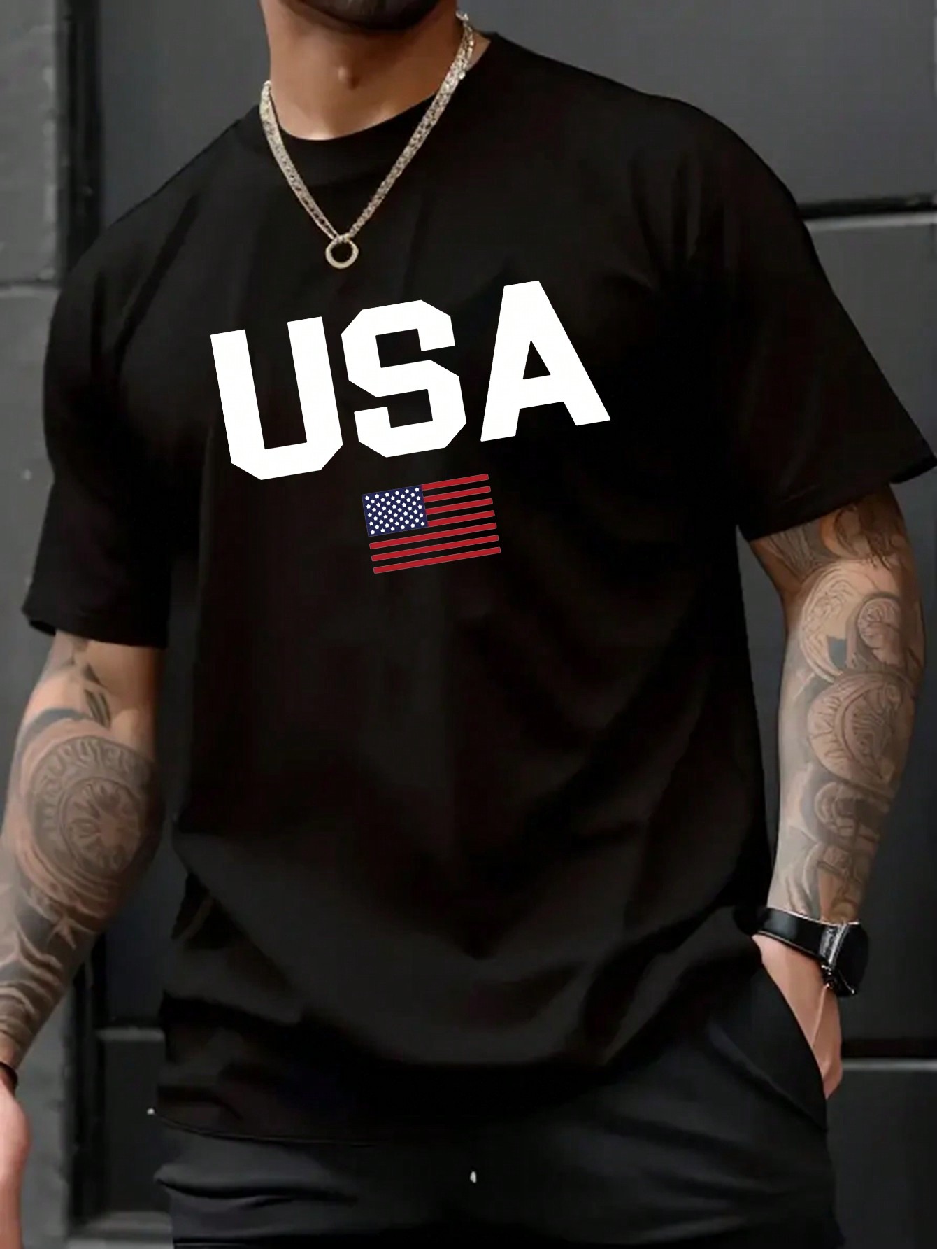2025 Men Summer American Flag & Letter Print Round Neck Short Sleeve Casual T-Shirt