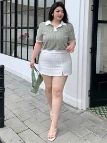 Dazy Plus 格紋和對比色Polo領短袖T卹（短款） - 綠色 - 查看 6