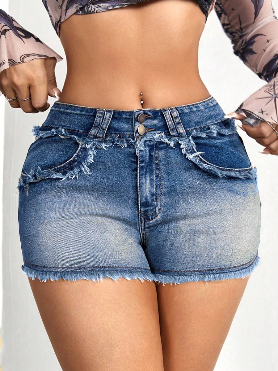 SHEIN ICON 女性鬆緊邊牛仔短褲帶口袋,夏季性感風格 - 淺色水洗藍 - 查看 1