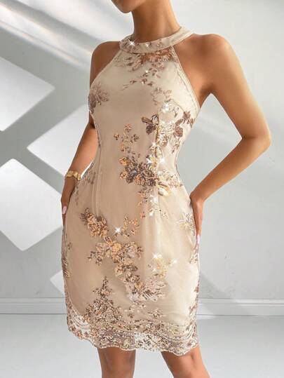 Allurite Women's Elegant Party Summer Dress, Sleeveless, Tight-Fitting, With Zipper Closure And Sequins Embellishment For Holiday Party Clothes