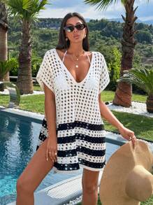 EURMUSE Farbblockgestreifter luftiger gestrickter Cover-Up für den Sommer Strandurlaub