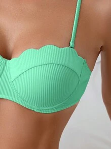 SHEIN Swim Bộ bikini gợi cảm màu trơn viền cong cho nữ, trang phục đi biển mùa hè - Màu xanh Bạc hà - Xem 4