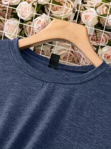 SHEIN LUNE Plus Size Solid Color Drawstring Waist Short Sleeve Vacation & Casual Dress - Blue - View 4