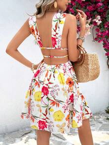 SHEIN VCAY Vestido de verano para mujeres con escote profundo en la espalda, estampado gráfico floral y fruncido, ideal para vacaciones en la playa