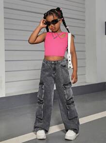 SHEIN Tween Girls Y2K Trendy Stonewashed Cintura Alta Perna Reta Cargo Jeans Com Bolsos De Aba Utilitários, Roupas De Calças De Verão Para Meninas