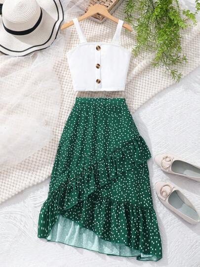 Tween Girl Casual Polka Dot Printed Spaghetti Strap Top With Shirred Style Skirt Set