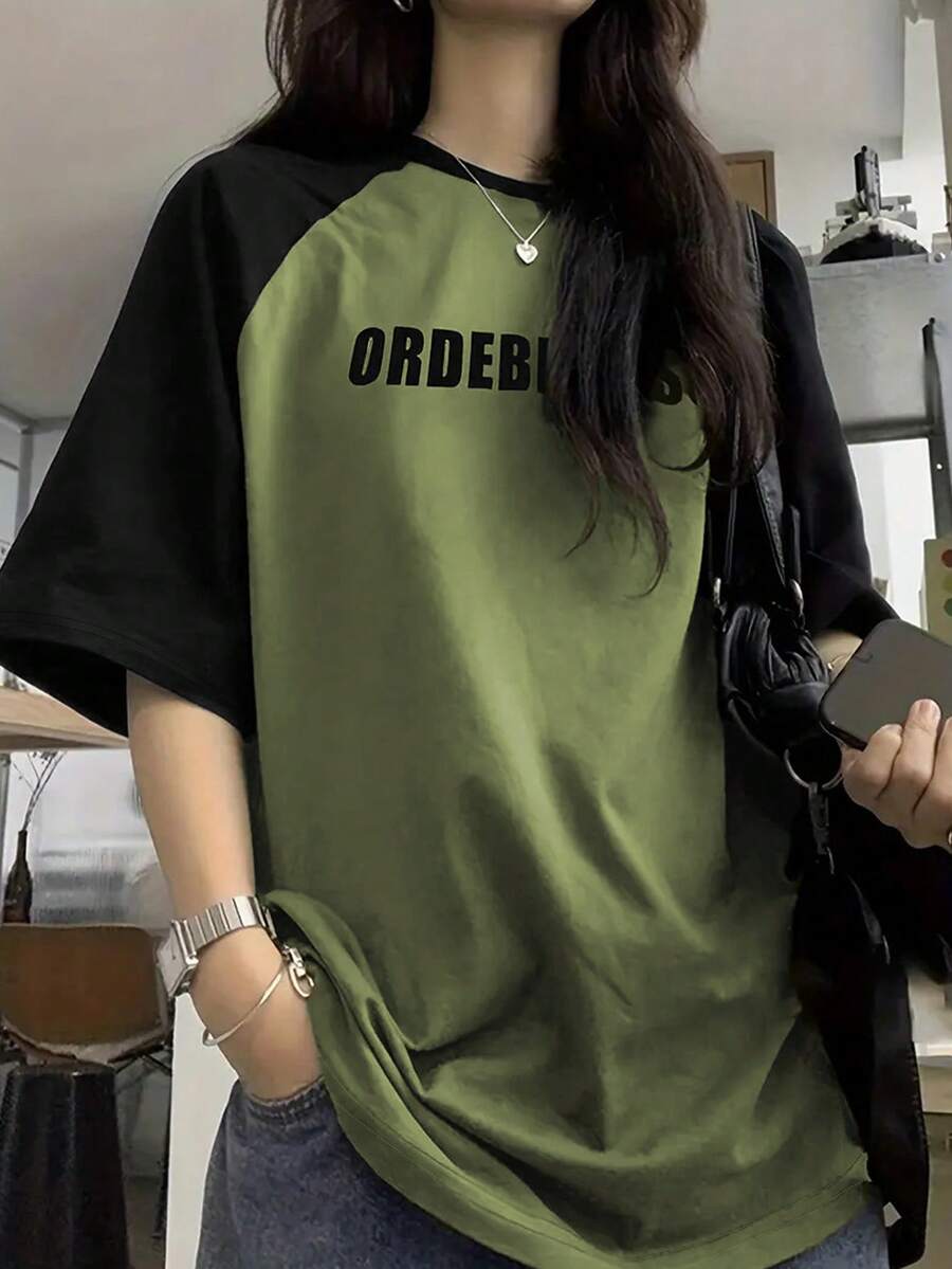 Women's Letter Graphic Color Block Raglan Sleeve T-Shirt