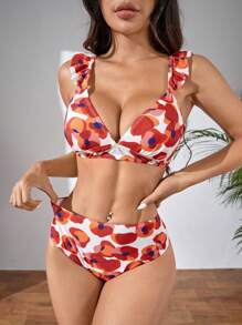 The Wizard of Oz X SHEIN Women's Summer Floral Printing Two-Piece Bikini Set, Flutter Sleeve Sexy Bikini Set For Vacation - Orange - View 4