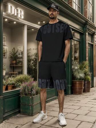 男士時尚休閒夏季字母圖案T恤和短褲套裝