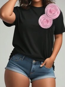 SHEIN LUNE Áo thun nữ cổ tròn ngắn tay mùa hè cỡ lớn có trang trí hoa 3D - trắng - Xem 1