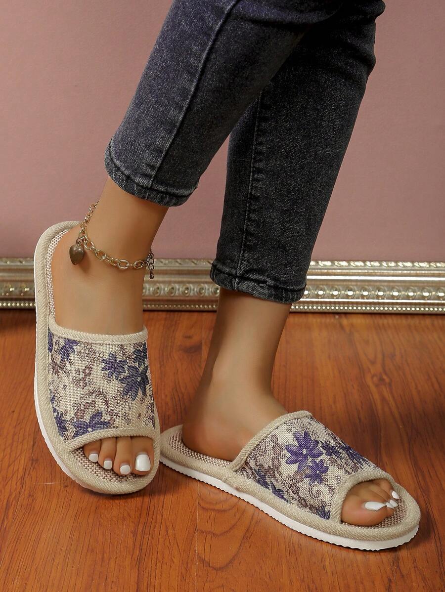 秋冬女士亚麻室内拖鞋，夏日小屋防滑加厚亚麻平底凉鞋，软底，毛绒拖鞋 - 藍色 - 查看 1