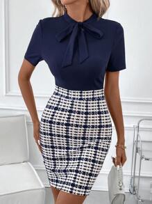 Editum 女士優雅適穿春夏秋裝束，配蝴蝶結領帶，格紋鉛筆裙式設計，修身顯瘦，深藍色，適合教師穿著 - 彩色 - 查看 6