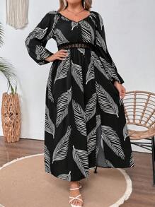 SHEIN VCAY Plus Size Holiday Casual Printed Lace Patchwork Long Sleeve Black Dress - Black and White - View 5