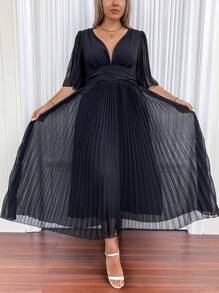 Celure Plus Size Women's Elegant Deep V-Neck Ruffle Short Sleeve Long Pleated Dress With Flowy Hem, Summer