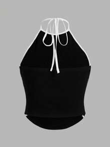 SHEIN ICON Plus 2pcs Contrasting Binding Striped Side Tie Halter Y2k Top (Pack Of 2), For Summer